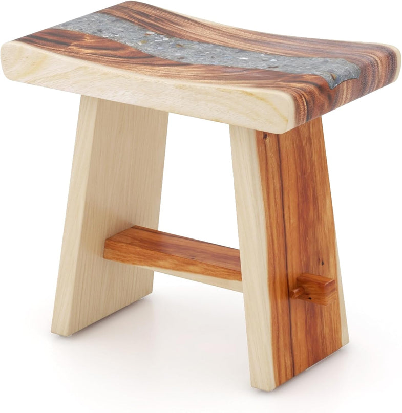 Giantex Teak Shower Bench, Fully Assembled Teak Shower Stool with Epoxy Resin Decoration and Curved Seat