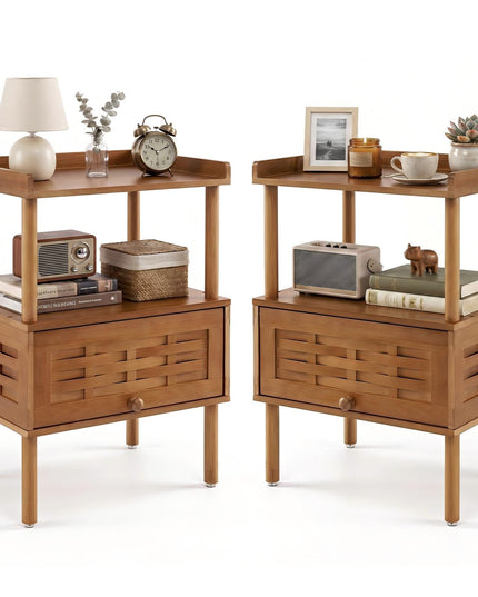 Giantex Boho Bamboo Rattan Nightstand w/Flip-Up Door & Rasied Edge Set 1/2