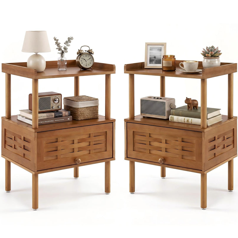 Giantex Boho Bamboo Rattan Nightstand w/Flip-Up Door & Rasied Edge Set 1/2