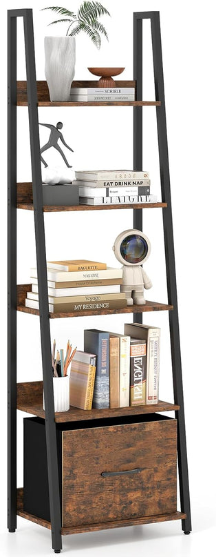 Giantex Modern Freestanding 5-Tier Ladder Bookshelf with Removable Fabric Drawer