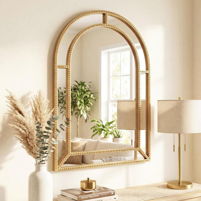 CHARMAID Gold Beaded Wall Mirror | Decorative Vanity Mirrors for Bathroom
