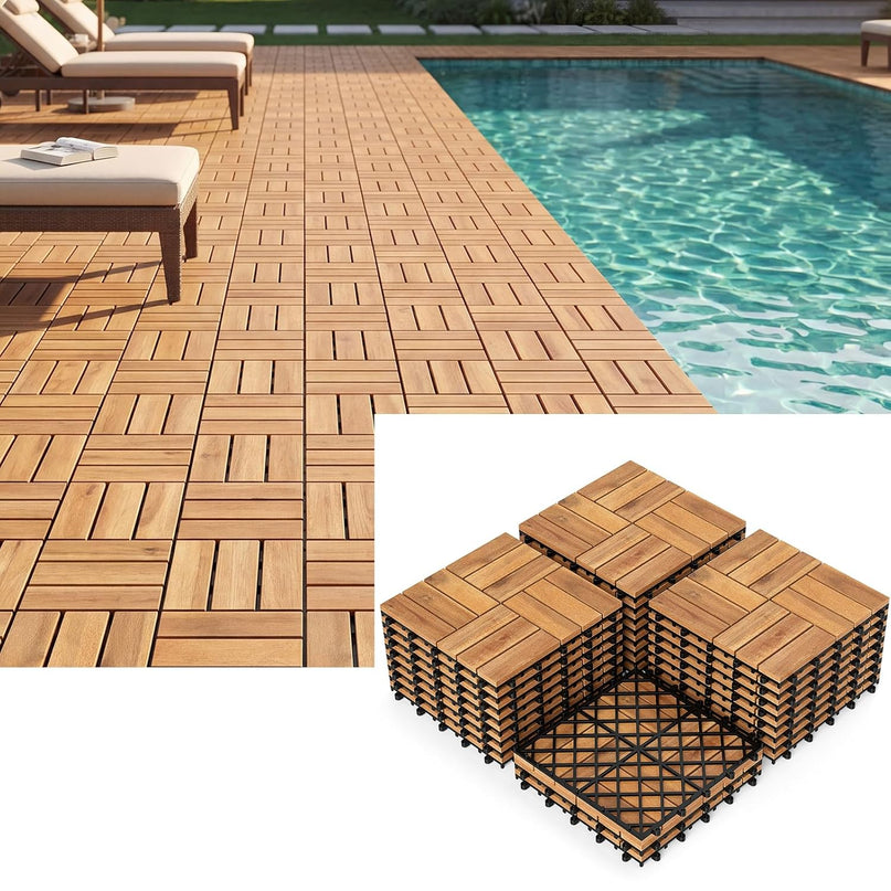 Giantex 12" x 12" Acacia Wood Interlocking Patio Flooring Tiles with Drainage Base