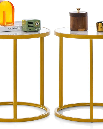 Giantex Faux Marble Side Table, Round End Table with Golden Metal Frame and White Marble Top