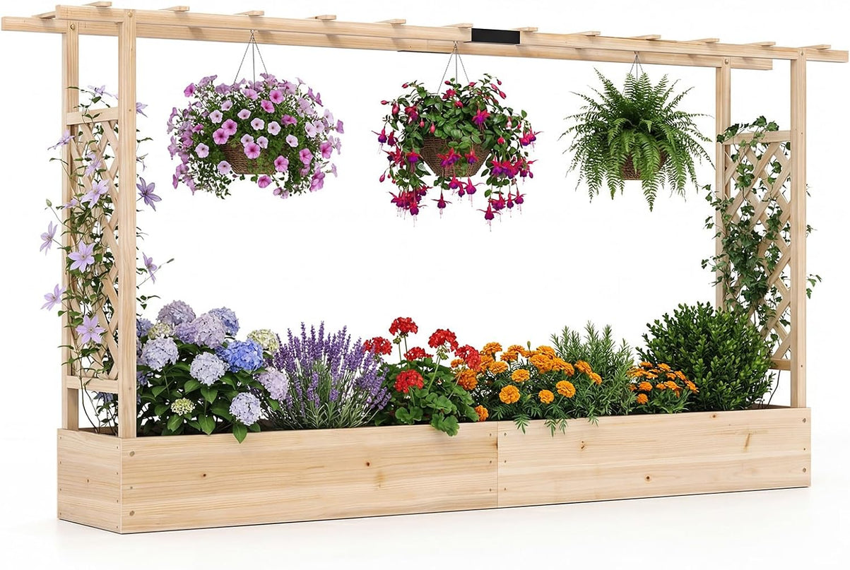 Giantex 45”Fir Wood Raised Garden Bed with Trellis & Hanging Roof