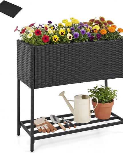 Jardinière surélevée Giantex avec pieds, Jardinière haute en rotin avec étagère de rangement