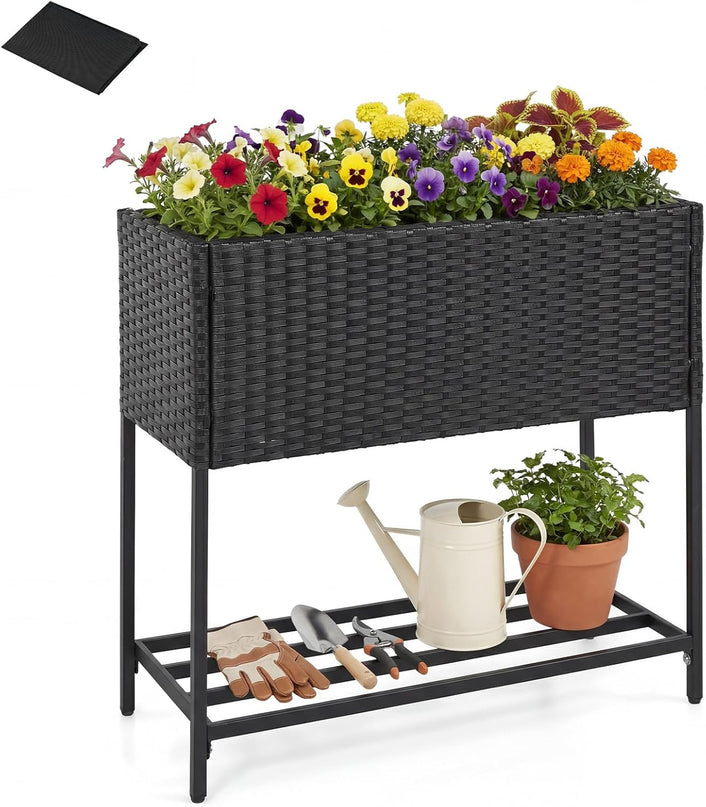 Giantex Raised Garden Bed with Legs, Rattan Elevated Planter Box w/Storage Shelf
