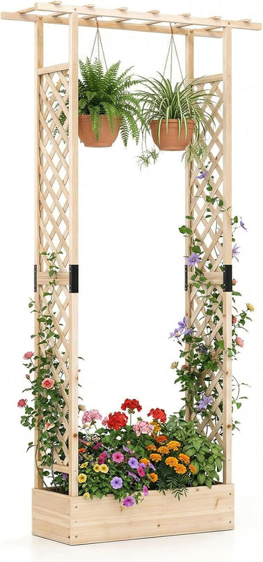 Giantex 89”Wooden Raised Garden Bed with Trellis & Hanging Roof