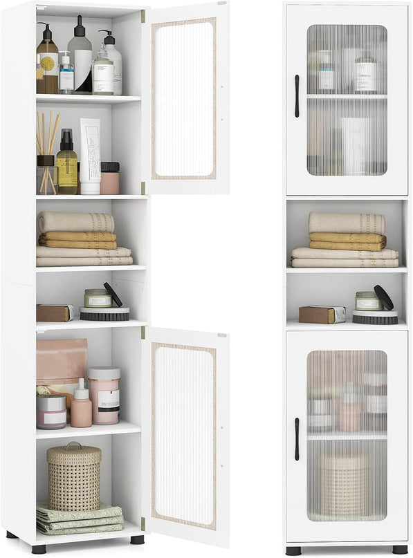Giantex 67" Tall Narrow Freestanding Bathroom Storage Cabinet with 2 Fluted Doors