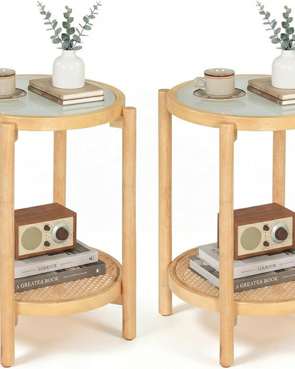 Giantex Rattan Round Side Table | 2-Tier Boho End Table w/Tempered Glass Top (1/2)