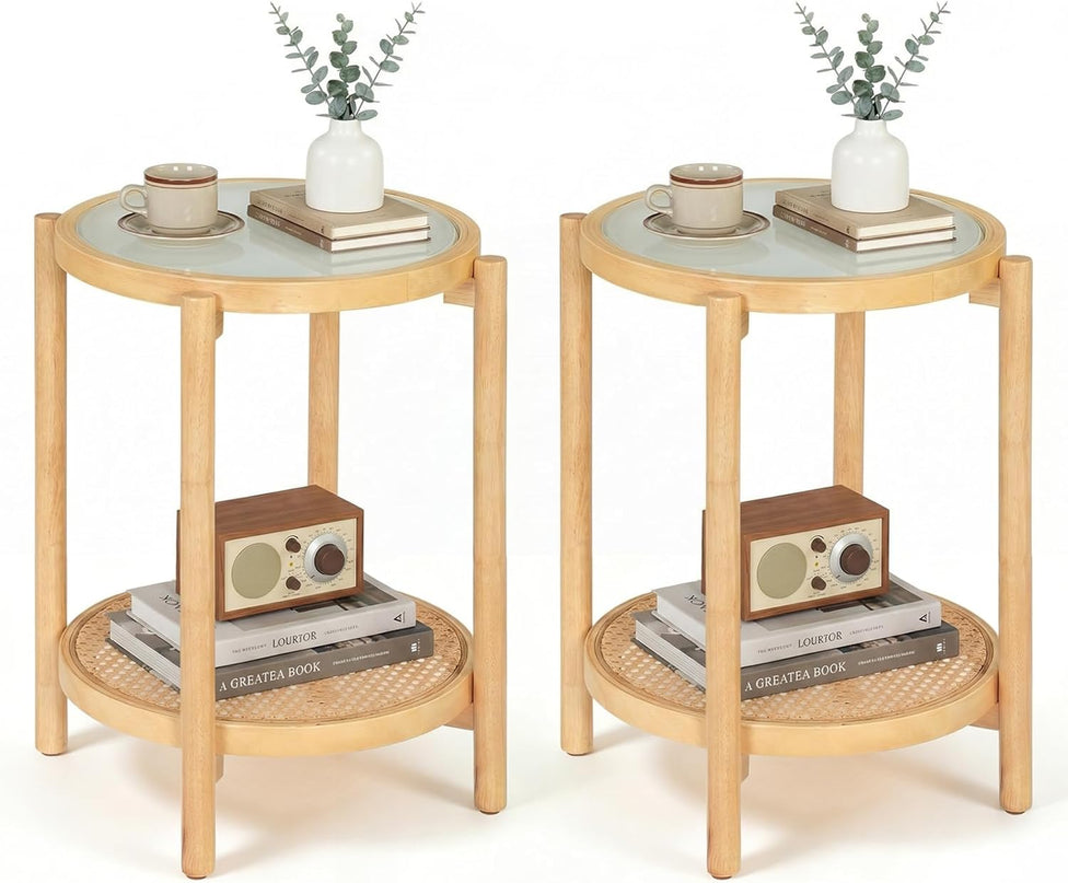 Giantex Rattan Round Side Table | 2-Tier Boho End Table w/Tempered Glass Top (1/2)