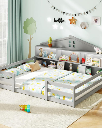 Giantex Twin/Full Size Montessori Wooden Floor Bed with LED Lights