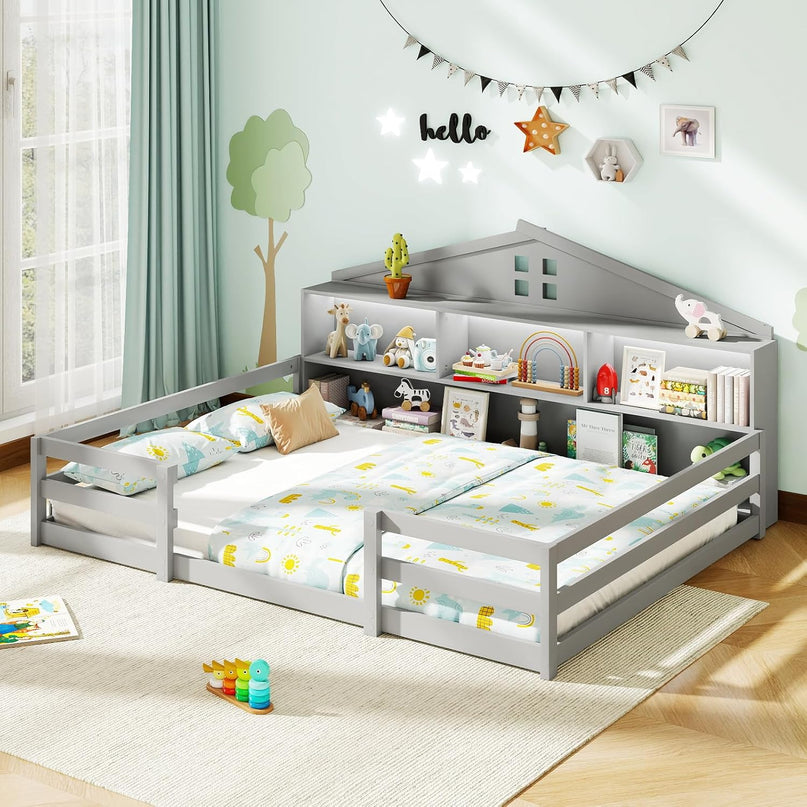 Giantex Twin/Full Size Montessori Wooden Floor Bed with LED Lights