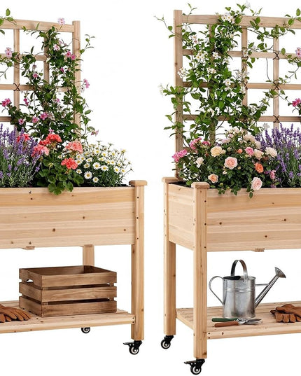 Giantex 65'' Wooden Raised Garden Bed w/Trellis on Wheels (1/2)