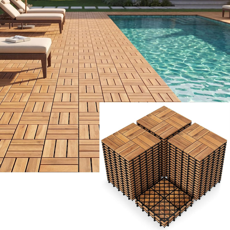Giantex 12" x 12" Acacia Wood Interlocking Patio Flooring Tiles with Drainage Base