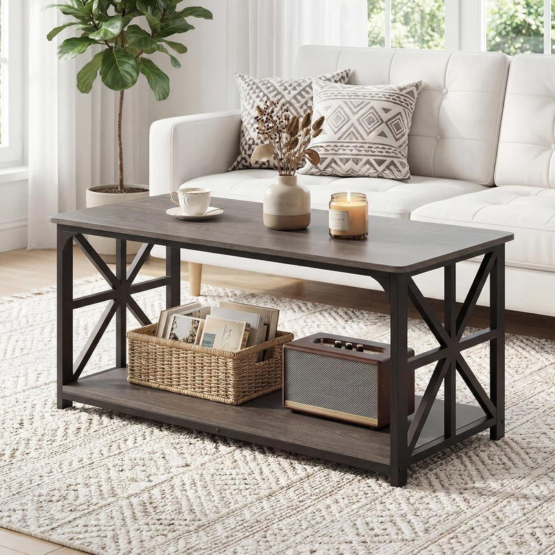 Giantex Farmhouse Coffee Table | 43" Center Table with Storage & X-Shaped Frames