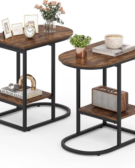 Giantex C Shaped End Table with Industrial Wood Tabletop & Storage Shelf