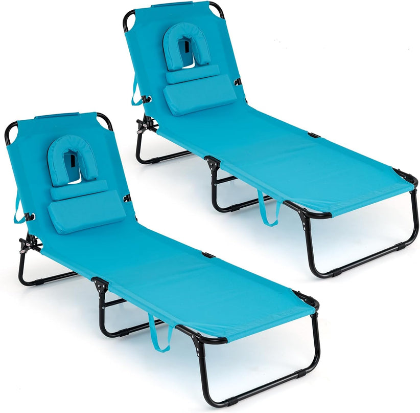 Giantex Folding Beach Tanning Chair - Adjustable Patio Lounge Chair w/Face Hole