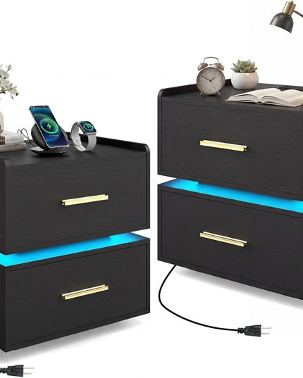 Giantex Semi-Floating LED Night Stand with Charging Station & 2 Storage Drawers (1/2)