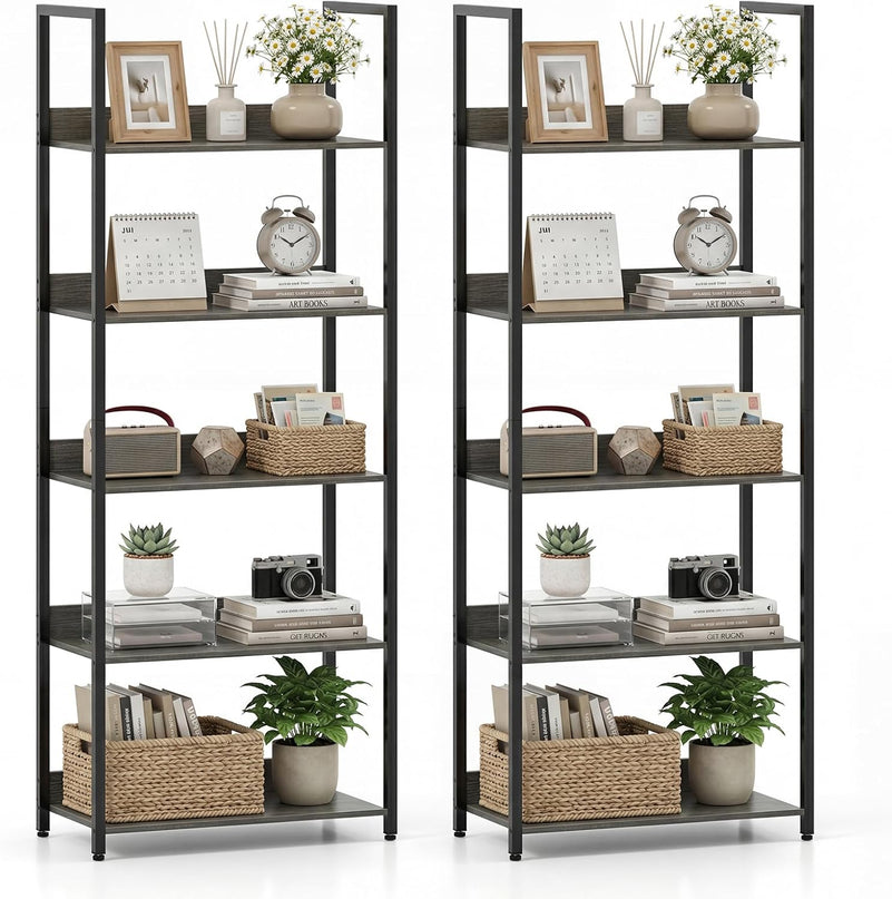 Giantex 5-Tier Tall Wooden Open Bookcase with Back Panels & Metal Frame (1/2)
