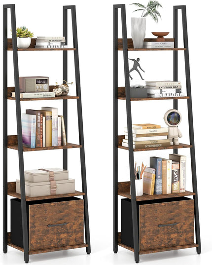 Giantex Modern Freestanding 5-Tier Ladder Bookshelf with Removable Fabric Drawer