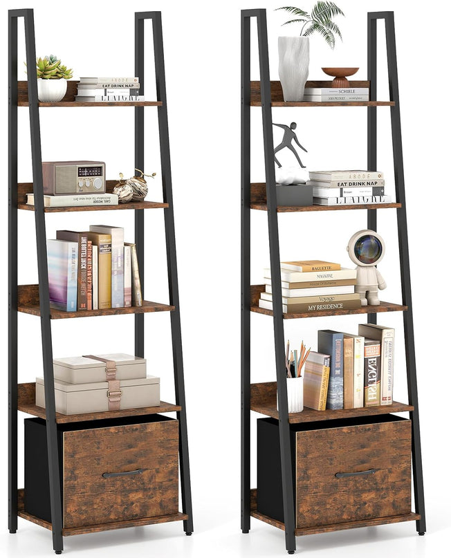 Giantex Modern Freestanding 5-Tier Ladder Bookshelf with Removable Fabric Drawer