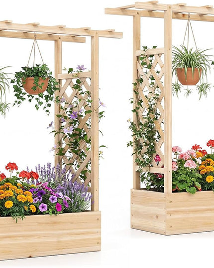 Giantex 45" Wooden Raised Garden Bed with Trellis & Hanging Roof