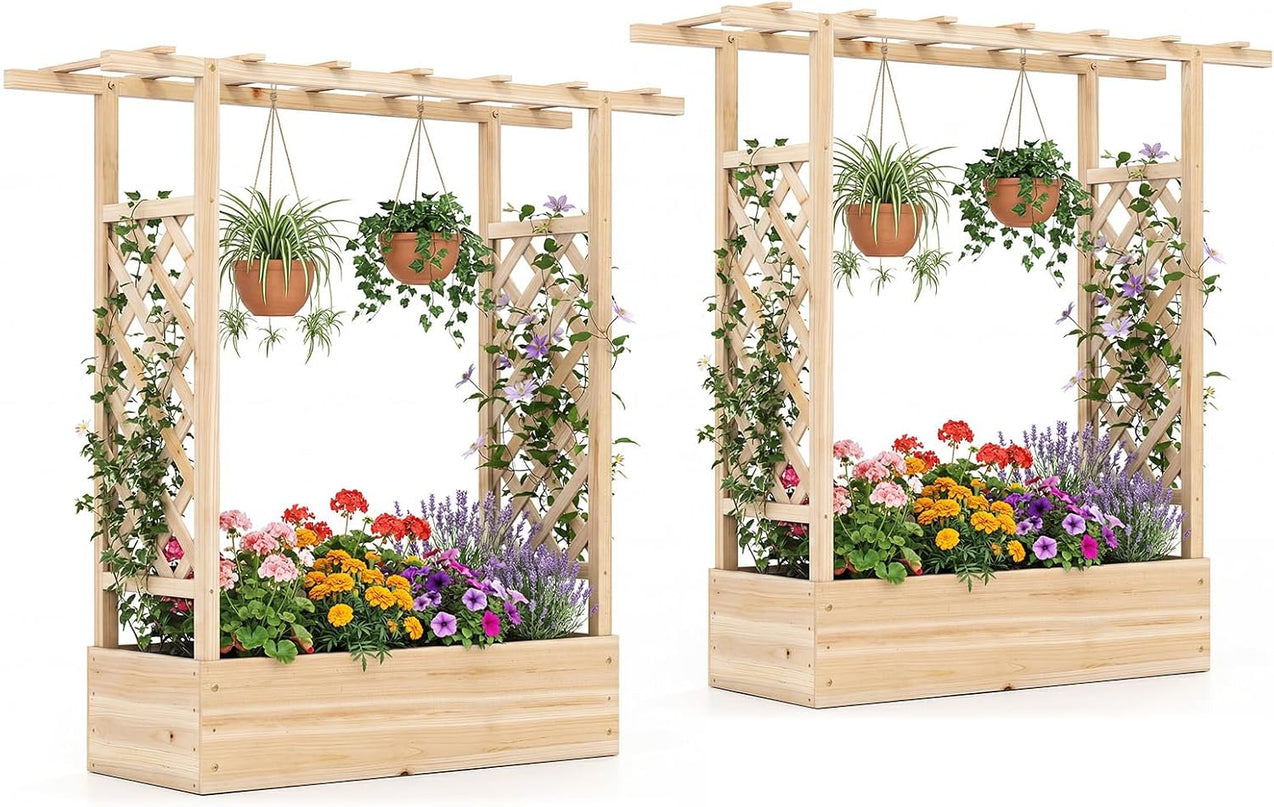 Giantex 45" Wooden Raised Garden Bed with Trellis & Hanging Roof