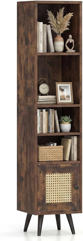 Giantex Bibliothèque Haute et Étroite à 6 Niveaux | Meuble de Rangement Mince de 137 cm avec Étagère Réglable et Porte en Rotin Style Bohème