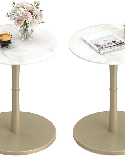 Giantex Round Marble Side Table w/Stone Finish & Wooden Pedestal (1/2)