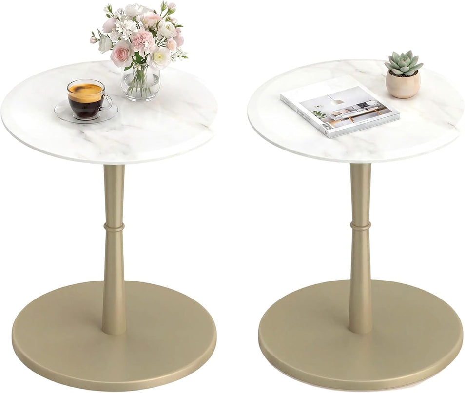 Giantex Round Marble Side Table w/Stone Finish & Wooden Pedestal (1/2)