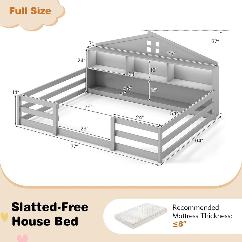 Giantex Twin/Full Size Montessori Wooden Floor Bed with LED Lights