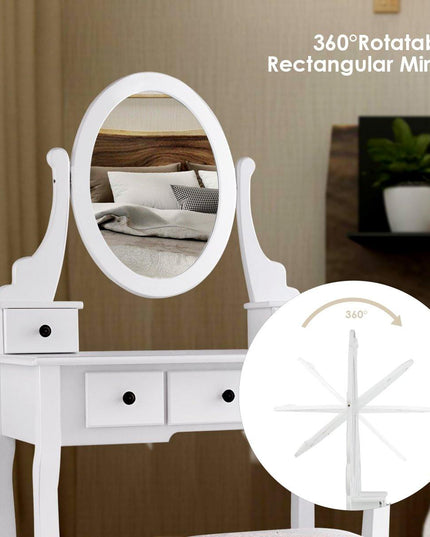 Vanity Set with Oval Mirror and 5 Drawers Girls Women Makeup Organizer Table, White - Giantexus