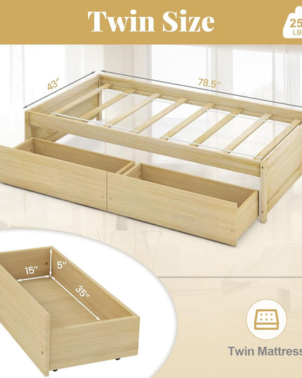 Giantex Twin Bed Frame with 2 Storage Drawers, Solid Wood Platform Bed with Slats Support