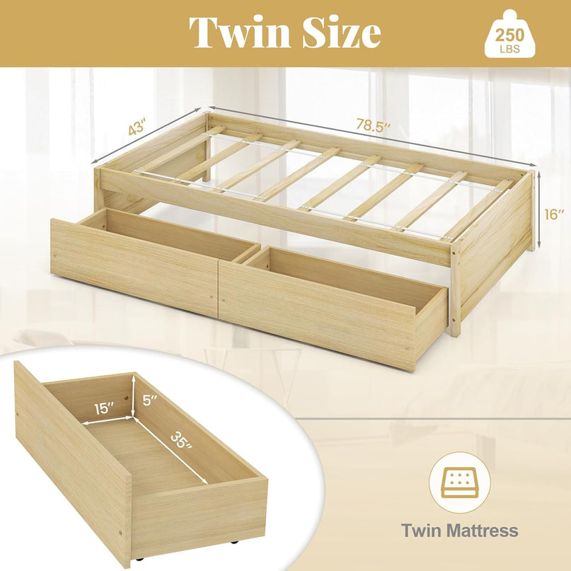 Giantex Twin Bed Frame with 2 Storage Drawers, Solid Wood Platform Bed with Slats Support