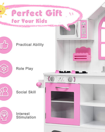 Giantex Wood Play Kitchen, Pink Kids Kitchen Playset for Toddlers