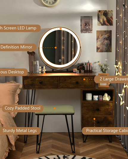 CHARMAID Vanity Set with 3 Colors Lighted Mirror, Left or Right Side Cabinet