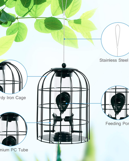 Giantex Metal Hanging Bird Feeder, Outdoor Squirrel-Proof Bird Feeder Cage with 4 Feeding Ports, Transparent PC Tube