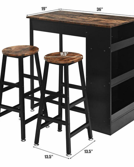 3 Piece Pub Dining Set, Wooden Counter Height Table Set with 2 Bar Stools (Brown) - Giantexus