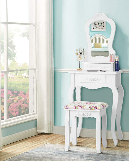 Vanity Set with 3 Drawers and Cushioned Stool