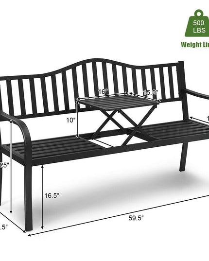 Giantex Patio Bench w/ Pullout Middle Table, Outdoor Benches2-3 Person, Metal Benches for Outside (Black)