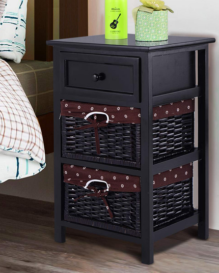 Giantex Wooden Nightstand 3 Tiers W/ 2 Baskets and 1 Drawer Bedside Sofa Storage Organizer