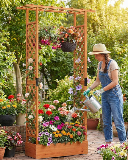 Giantex 89”Wooden Raised Garden Bed with Trellis & Hanging Roof