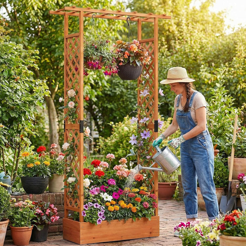 Giantex 89”Wooden Raised Garden Bed with Trellis & Hanging Roof