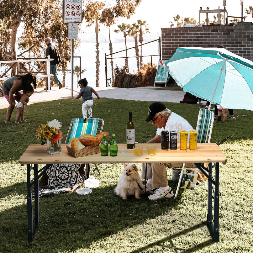 Giantex Folding Picnic Table, Wood Outdoor Table with Umbrella Hole
