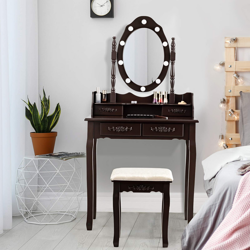 CHARMAID Vanity Set with 10 LED Lights and 4 Drawers - Giantexus