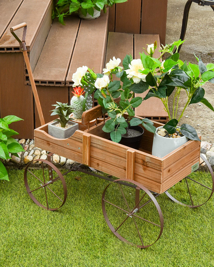 Giantex Decorative Garden Planter, Small Wagon Cart with Metal Wheels, Wood Raised Beds Plant Pot Stand for Backyard Garden Patio 24.5"x13.5"x24"