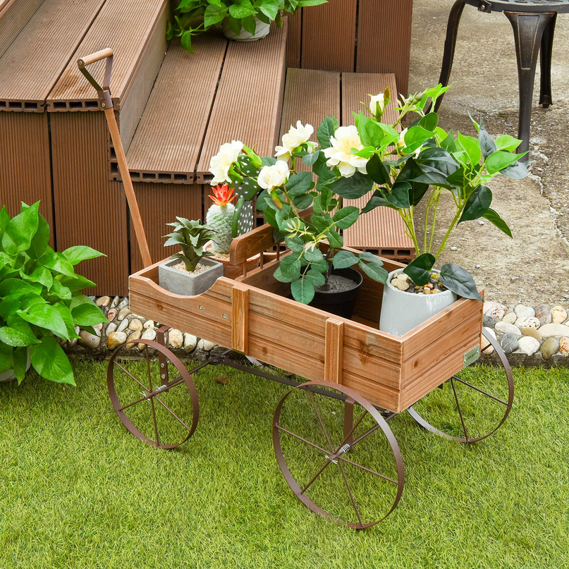 Giantex Decorative Garden Planter, Small Wagon Cart with Metal Wheels, Wood Raised Beds Plant Pot Stand for Backyard Garden Patio 24.5"x13.5"x24"