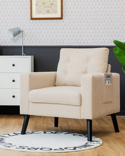 Linen Fabric Armchairs with Side Pockets and Wood Legs, Set of 2 - Giantex