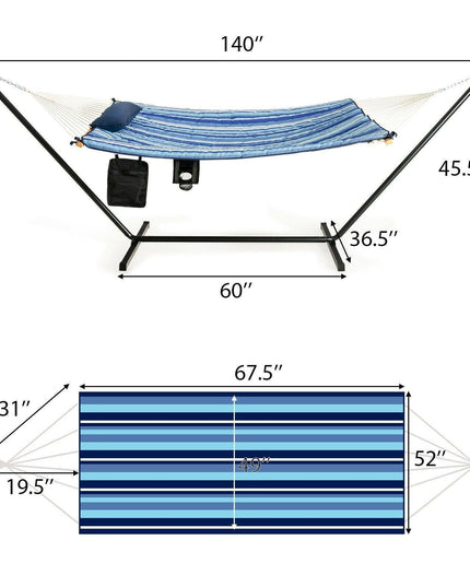 12Ft Hammock with Stand, 2 Person Heavy-Duty Steel Hammock Stand, 450 lbs Capacity (Blue and Beige Striped) - Giantexus