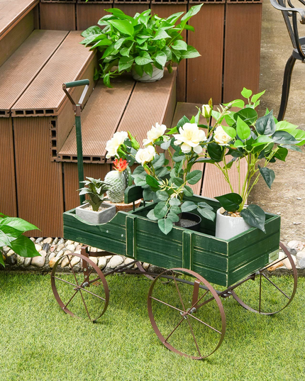 Giantex Decorative Garden Planter, Small Wagon Cart with Metal Wheels, Wood Raised Beds Plant Pot Stand for Backyard Garden Patio 24.5"x13.5"x24"